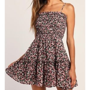 Black Floral Print Smocked Tiered Mini Dress